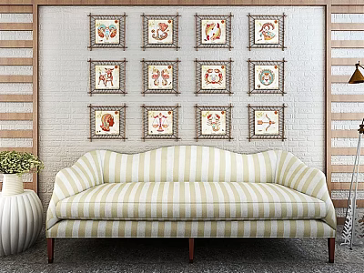Striped Multi Seater Sofa In Living Room With Framed Decorative Art And Floor Lamp 3d model
