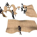 Wave Shaped Wooden Landscape Seats In Modern Design For Public Rest Area With People Sitting