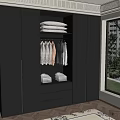Sleek Dark Gray Wardrobe With Hanging Folded Clothes Drawers And Window