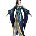 Elegant Woman In Blue Green Long Robe With Flowing Sleeves And Golden Yellow Accents