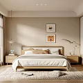 Modern Minimalist Bedroom With Wooden Bed White Sheets Pillows Wall Art And Natural Window View