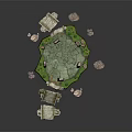 Floating Island Scene With Rock Formations Glowing Crystals Grassy Edge And Broken Wooden Bridge