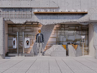 Concrete Building Storefront Window With MUYICANNU Signboard Mannequin T Shirts Metal Pipes And Geometric Design 3d model