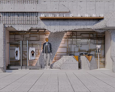 Concrete Building Storefront Window With MUYICANNU Signboard Mannequin T Shirts Metal Pipes And Geometric Design 3d model