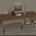 Simple Wooden Dining Table Set With Bench Chairs Decorative Vases And Wall Art