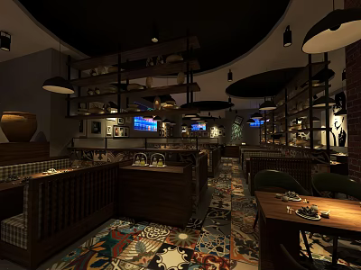 Cozy Restaurant Interior With Wooden Furniture Bohemian Carpet And Hanging Lamps 3d model