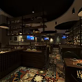 Cozy Restaurant Interior With Wooden Furniture Bohemian Carpet And Hanging Lamps