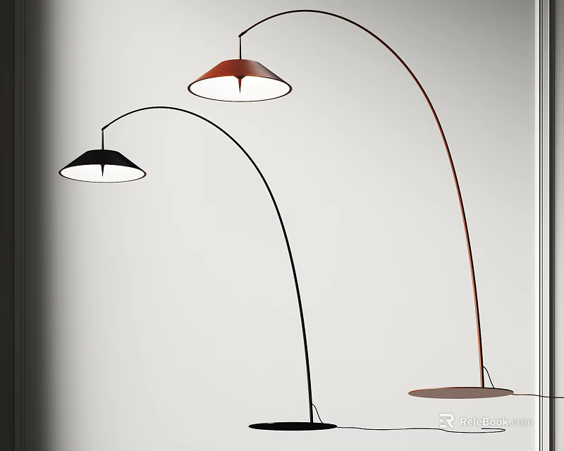Modern Floor Lamps With Curved Arms And Two Colored Shades In Minimalist Interior 3d model 