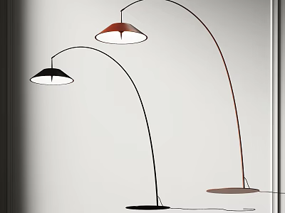 Modern Floor Lamps With Curved Arms And Two Colored Shades In Minimalist Interior 3d model
