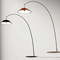 Modern Floor Lamps With Curved Arms And Two Colored Shades In Minimalist Interior