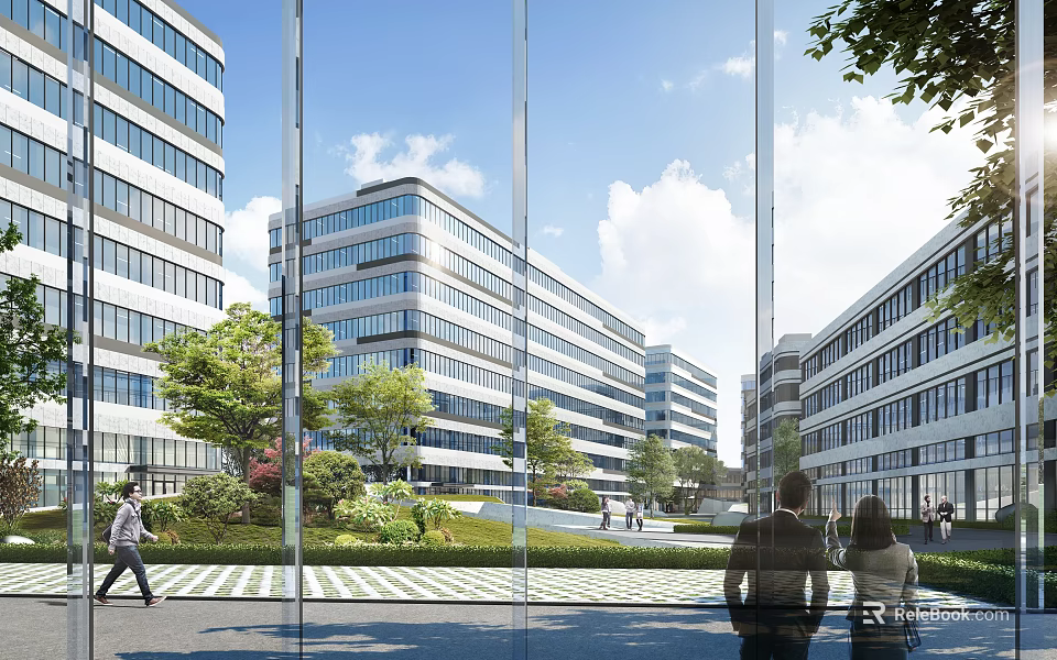 Modern Office Complex With Glass Buildings And Green Landscape 3d model 