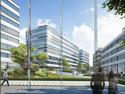 Modern Office Complex With Glass Buildings And Green Landscape 3d model