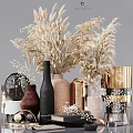 Modern Decorative Ornament Set With Dried Pampas Grass Ceramic Vases Round Clock And Golden Accents