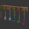 Metal Kitchen Utensils Hanging On Brown Wooden Rack Including Forks And Spoons