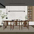 Tea Room Interior Design With Wooden Table Chairs Circular Wave Wall Pendant Light And Plants