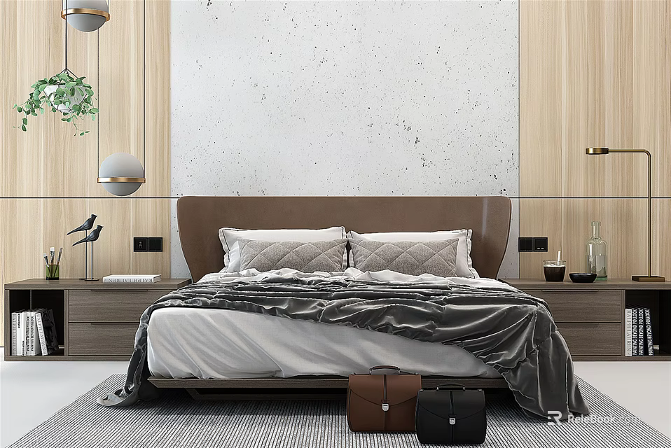 Double Bed In Background With Brown Headboard Gray Blanket And Wooden Wall Panels 3d model 