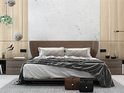 Double Bed In Background With Brown Headboard Gray Blanket And Wooden Wall Panels 3d model