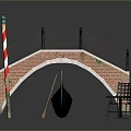 Venetian Bridge Scene With Black Gondola Decorative Railings Red White Striped Lamp Post Steps