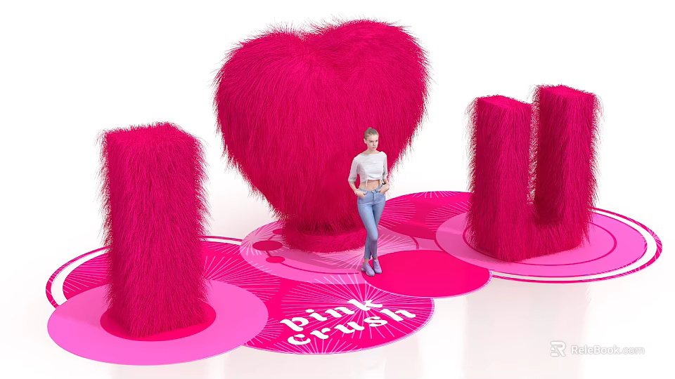 Vibrant Pink Crush Display With Heart Shape I U Plush Decorations And Person 3d model 