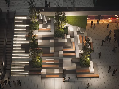 Geometric Step Landscape With Wooden Stone Steps Green Plants And People In Open Space 3d model