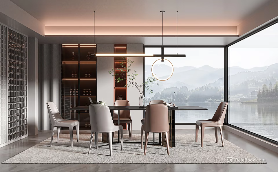 Modern Restaurant Interior With Dining Table Chairs Pendant Lights And Lake View Windows 3d model