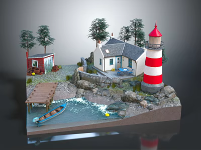 Cartoon Scene Featuring Red White Lighthouse Small House Blue Boat Trees Rocks And Water Area 3d model