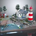 Cartoon Scene Featuring Red White Lighthouse Small House Blue Boat Trees Rocks And Water Area