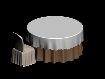 Elegant Round Dining Table and Chair Set with White Brown Tablecloth Cover Design 3d model