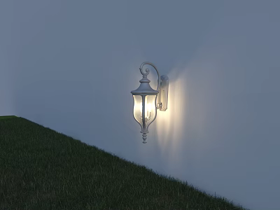 Outdoor Classic Wall Lamp Illuminated On White Wall With Green Grass 3d model