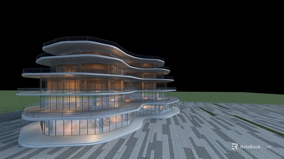 Modern Commercial Complex Architectural Design With Curved Glass Facade And Illuminated Multi story Structure 3d model 