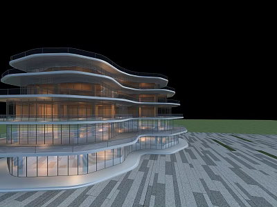 Modern Commercial Complex Architectural Design With Curved Glass Facade And Illuminated Multi story Structure 3d model