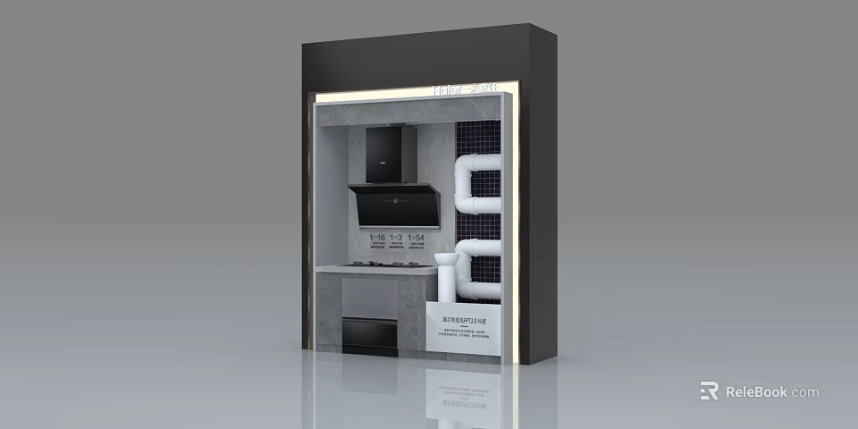 Kitchen Display Cabinet With Black Range Hood Gray Tile Wall And Modern Design 3d model 