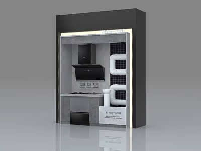 Kitchen Display Cabinet With Black Range Hood Gray Tile Wall And Modern Design 3d model