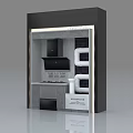 Kitchen Display Cabinet With Black Range Hood Gray Tile Wall And Modern Design