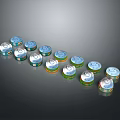 Multiple Round Food Containers With Colorful Labels Arranged In Artistic