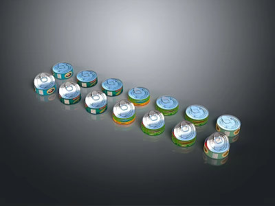 Multiple Round Food Containers With Colorful Labels Arranged In Artistic 3d model