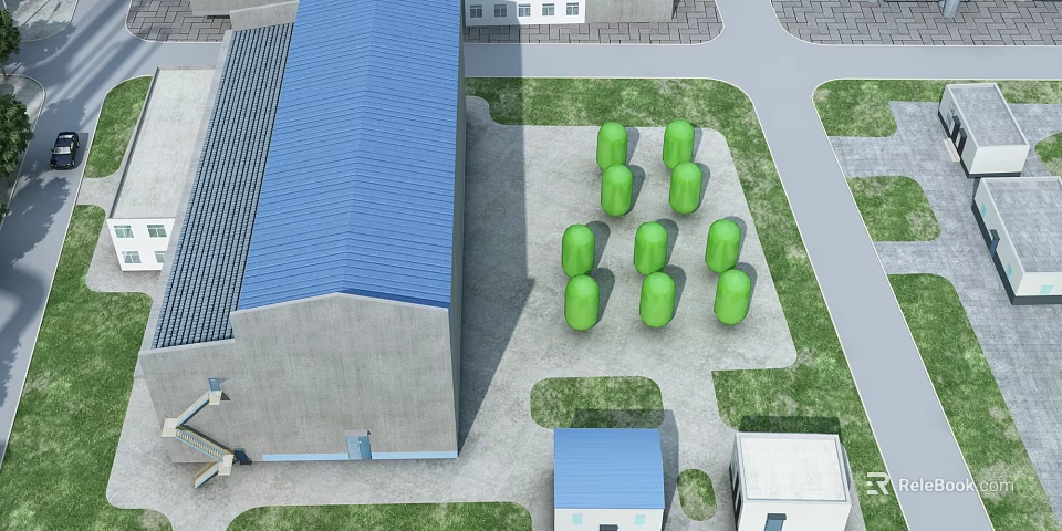 Industrial Factory Building With Blue Roof Green Cylindrical Storage Tanks And Surrounding Grassland Pathways 3d model 
