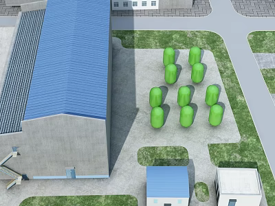 Industrial Factory Building With Blue Roof Green Cylindrical Storage Tanks And Surrounding Grassland Pathways 3d model