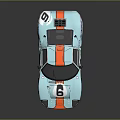 Light blue classic race car with orange stripes and number 6 body design