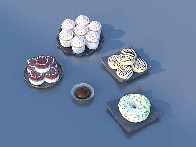 Assorted Sweet Desserts Including Cupcakes Donuts And Chocolate Treats On Plates With Blue Background 3d model