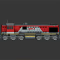 Red and Gray TEM Train Model With Yellow Stripe Wheels On Reflective Surface 3d model