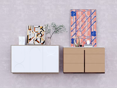 Modern White And Brown Side Tables With Decorative Plants Artworks On Light Wall 3d model