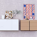 Modern White And Brown Side Tables With Decorative Plants Artworks On Light Wall
