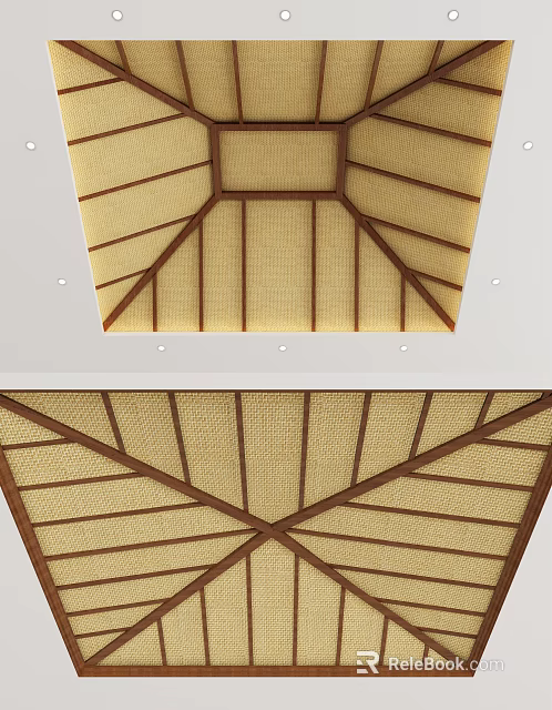 Wooden Frame Woven Ceiling Design With Geometric Patterns And Recessed Lights 3d model 