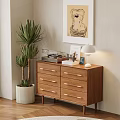 Stylish Wooden Decorative Cabinet With Potted Plant Record Player Table Lamp And Wall Art