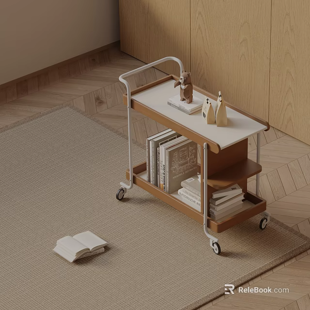 Modern Rolling Wooden Side Table with Shelves Decorative Items and Books 3d model 