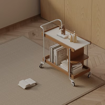 Modern Rolling Wooden Side Table with Shelves Decorative Items and Books 3d model