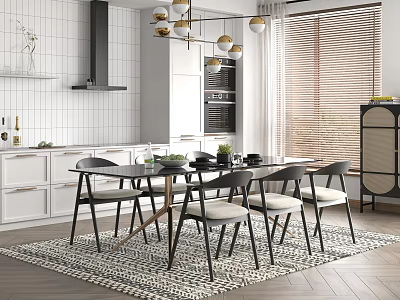 Modern Dining Table Set With Black Chairs White Cabinets And Gold Pendant Lights In Kitchen 3d model