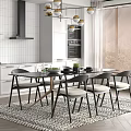 Modern Dining Table Set With Black Chairs White Cabinets And Gold Pendant Lights In Kitchen