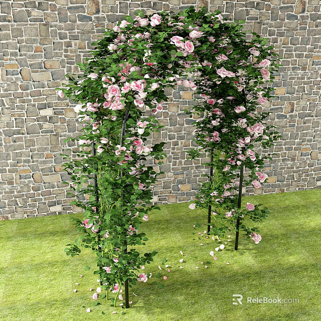 Decorative Arbor Adorned With Pink Flowers And Green Vines Against Stone Wall On Grass Lawn 3d model 